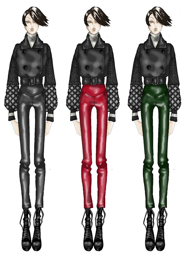 Tre figurini con giacca corta nera dalle maniche lavorate e pantaloni aderenti in pelle nera, rossa e verde. Progetto «Revolution», autunno-inverno 2023.