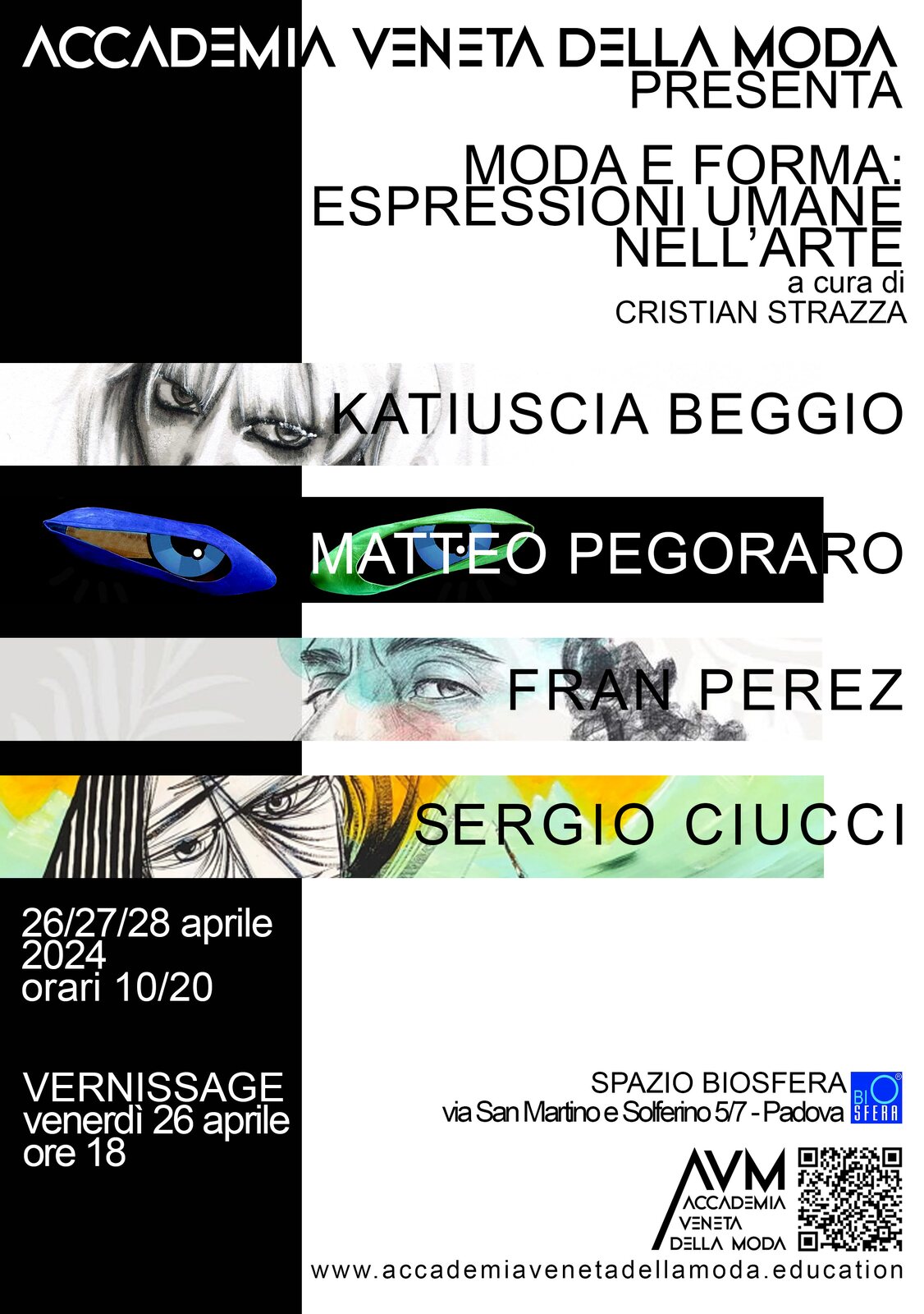 Locandina della mostra «Moda e Forma: espressioni umane nell’arte», a cura di Cristian Strazza, con gli artisti Katiuscia Beggio, Matteo Pegoraro, Fran Perez e Sergio Ciucci. Spazio Biosfera, Padova, 26-28 aprile 2024.
