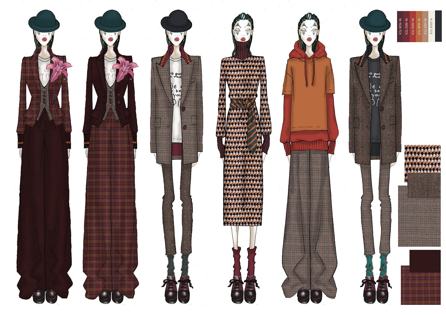 Tavola di collezione con sei figurini in completi di tartan e pied-de-poule nei toni del bordeaux e dell’arancio, affiancati dalla palette colori e dai campioni di tessuto. Progetto «Happy», autunno-inverno 2024.