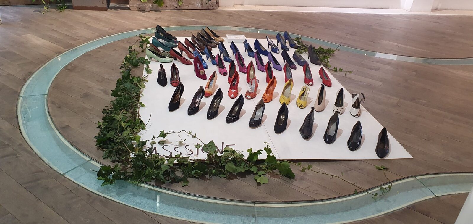 L’installazione a terra: scarpe da donna disposte in fila su un telo bianco, fra rami verdi.